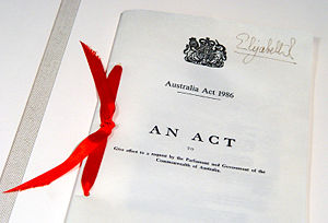 Australia Act 1986 (United Kingdom) document, located in Parliament House, Canberra