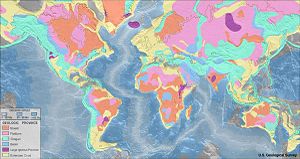 World geologic provinces  Oceanic crust      0-20 Ma      20-65 Ma      >65 Ma Geologic provinces      Shield      Platform      Orogen      Basin      Large igneous province      Extended crust