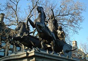 Statue of Boudica near Westminster Pier, London, with her two daughters upon a chariot