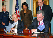 Australia's then-Minister for Defence Dr. Brendan Nelson signing the JSF Production, Sustainment and Follow-on Development Memorandum of Understanding in December 2006