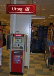 Smaller indoor ATMs dispense money inside convenience stores and other busy areas, such as this off-premise Wincor Nixdorf mono-function ATM in Sweden.