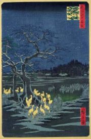 This 1857 print from Hiroshige's 100 Famous Views of Edo draws upon folklore, depicting a gathering of kitsune.