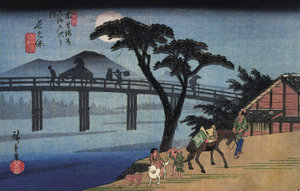 A rather dark printing of the view sometimes dubbed "Man on Horseback Crossing a Bridge". From the series Sixty-nine Stations of the Kisokaidō, this is View 28 and Station 27 at Nagakubo-shuku, depicting the Wada Bridge across the Yoda River[1].