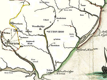 Sutton Hoo in relation to Gipeswic (Ipswich) and the Wicklaw.