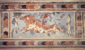 A fresco found at the Minoan site of Knossos, indicating a sport or ritual of "bull leaping", the dark skinned figure is a man and the two light skinned figures are women