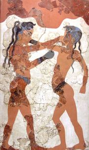 Minoan youths boxing , Knossos fresco. Earliest documented use of gloves.