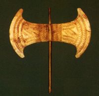 Minoan symbolic labrys of gold, 2nd millennium BC: many Arkalochori Axes have been found in the Arkalochori cave