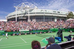 Margaret Court Arena at the Australian Open with the old Rebound Ace surface. Rod Laver Arena, the centre court, in the background.