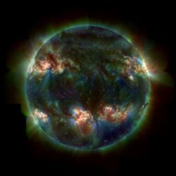 An ultraviolet image of the Sun's active photosphere as viewed by the TRACE space telescope. NASA photo.