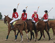 Girls and their horses preparing for a polo game