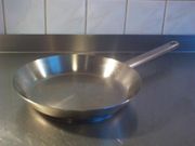 A stainless steel frying pan.