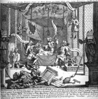 An early print by William Hogarth entitled A Just View of the British Stage from 1724, depicting Robert Wilks, Colley Cibber, and Barton Booth rehearsing a pantomime play with puppets enacting a prison break down a privy, combining the popular plays Dr Faustus and Harlequin Sheppard with the fictional Scaramouch Jack Hall, based on the escape of  a felon from Newgate.  The "play" is comprised of nothing but special effects, and the scripts for Hamlet, inter al., are toilet paper.