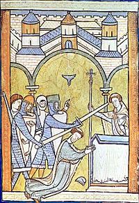 Medieval European illuminated manuscripts, such as this 13th-century depiction of Archbishop of Canterbury Thomas Becket's assassination, often used saffron dyes to provide hues of yellow and orange.