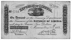Nineteenth-century Liberian two-dollar bill.