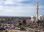 The Islamic Solidarity Mosque in Mogadishu with a tall minaret.
