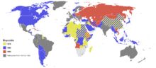 Countries that boycotted the 1976 (yellow), 1980 (blue) and 1984 (red) games