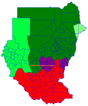      North Sudan      Darfur      Eastern Front, area of operations July 2006      South Sudan       Boundary of Abyei at 10°22'30"N as decided by the Abyei Boundary Commission      Nuba Mountains and Blue Nile Abyei, is to hold a referendum in 2011 on whether to join South Sudan or not.