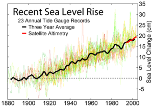 Sea level measurements from 23 long tide gauge records in geologically stable environments show a rise of around 20 centimeters per century (2 mm/year).