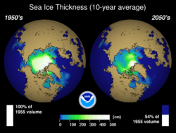 Arctic ice thicknesses changes from 1950s to 2050s simulated in one of GFDL's R30 atmosphere-ocean general circulation model experiments