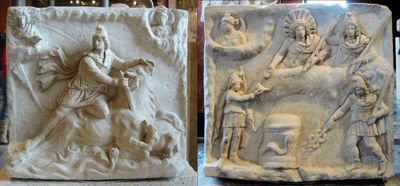 Double-faced Mithraic relief. Rome, second to third century CE. Louvre Museum. Front:Mithras killing the bull, being looked over by the Sun god and the Moon god. Back: Mithras banquetting with the Sun god.
