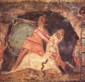 Mithras and the Bull: This fresco from the mithraeum at Marino, Italy (third century) shows the tauroctony and the celestial lining of Mithras' cape. (See above)