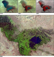Lake Chad in a 2001 satellite image. On the top, the changes from 1973 to 1997 are shown.