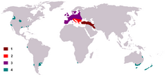 Range1: Native2: Possibly native3: Early human introductions4: Modern human introductions