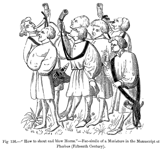 Image:How to shout and blow Horns Fac simile of a Miniature in the Manuscript of Phoebus Fifteenth Century.png