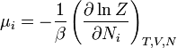 \mu_i = -{1\over \beta} \left( \frac{\partial \ln Z}{\partial N_i} \right)_{T,V,N}