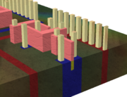 Cross-section through a MOS transistor (metallic layers and dielectric removed for clarity), foreground.