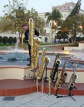 Ten members of the saxophone family. From largest to smallest: contrabass, bass, baritone, tenor, C melody, alto, F mezzo-soprano, soprano, C soprano, and sopranino.