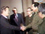 Donald Rumsfeld meets Saddam Hussein on 19–20 December 1983. Rumsfeld visited again on 24 March 1984, the day the UN reported that Iraq had used mustard gas and tabun nerve agent against Iranian troops. The New York Times reported from Baghdad on 29 March 1984, that "American diplomats pronounce themselves satisfied with Iraq and the U.S., and suggest that normal diplomatic ties have been established in all but name."