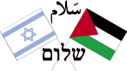 A peace movement poster: Israeli and Palestinian flags and the words peace in Arabic and Hebrew. Similar images have been used by several groups proposing a two-state solution to the conflict.