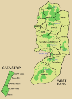 Map of the West Bank and Gaza Strip, showing areas of formal Palestinian authority in dark green and Israeli-administered areas in light green.