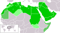 Map of the Arab League states in dark green with non-Arabic  speaking areas in light green and Somalia and Djibouti in striped green due to their Arab League membership but non-Arabic speaking population