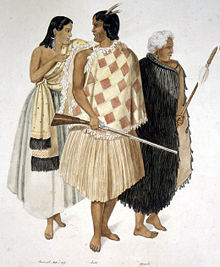 1846: Hone Heke, holding a rifle, with his wife Hariata and his uncle Kawiti who holds a taiaha. The introduction of firearms after 1805 led to bloody inter-tribal warfare.