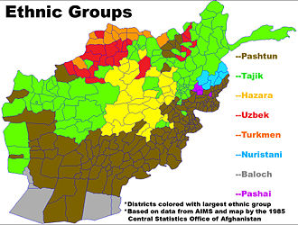 Ethnic groups of Afghanistan (percentages are from Encyclopædia Iranica and CIA World Factbook)        39.4% to 42% Pashtun        27% to 33.7% Tajik            8.0% to 9% Hazara            8.0% to 9% Uzbek       3.2% to 4% Aimak            3% Turkmen              1.6% to 4% Baloch       4% to 9.2% other (Pashai, Nuristani, Brahui, Hindkowans, Hindustani, etc.)