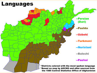 Languages of Afghanistan (percentages are from CIA World Factbook)       50% Dari        35% Pashto            8% Uzbek            3% Turkmen              4% Balochi       2% other (Nuristani, Pashai, Brahui, etc.)