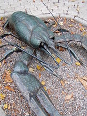 Metal crayfish statue in Donetsk, Ukraine.