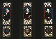 Three early Methodist leaders, Charles Wesley, John Wesley, and Francis Asbury, portrayed in stained glass at the Memorial Chapel, Lake Junaluska, North Carolina