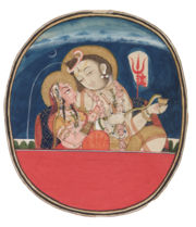 Shiva with Parvati. Shiva is depicted three-eyed, with crescent moon on his head, the Ganga flowing through his matted hair, wearing ornaments of serpents and a skull necklace, covered in ashes and Trisula and Damaru are seen in the background.