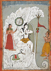 Shiva Bearing the Descent of the Ganges River as Parvati and Bhagiratha, and the bull Nandi look, folio from a Hindi manuscript by the saint Narayan, circa 1740