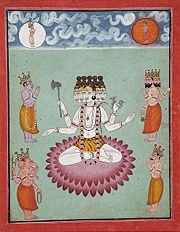 Adoration of Five-headed Shiva by Vishnu (blue figure, to left of Shiva),Brahma (four headed figure to the right of Shiva), Ganesha (elephant-headed son of Shiva, bottom left) and other deities. Painting from LACMA