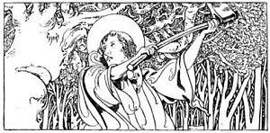 A depiction of Boniface destroying Thor's oak from The Little Lives of the Saints, illustrated by Charles Robinson in 1904.