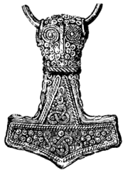 Drawing of an archaeological find from Öland, Sweden of a gold plated depiction of Mjolnir in silver.