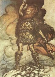 Donner calls upon the storm clouds in this illustration by Arthur Rackham to Wagner's Das Rheingold.