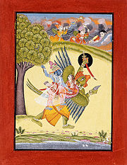 Vishnu and Lakshmi riding on Vishnu's Vahana Garuda - Painting in LACMA from Rajasthan, Bundi, c.1730
