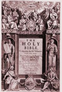 The title page to the 1611 first edition of the King James Bible by Cornelius Boel shows the Apostles Peter and Paul seated centrally at the top. Moses and Aaron flank the central text. In the four corners sit Matthew, Mark, Luke, and John, authors of the four gospels, with their symbolic animals. The rest of the Apostles stand at the top.