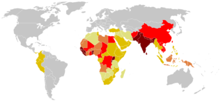 Tetanus cases reported worldwide (1990-2004). Ranging from strongly prevalent (in dark red) to very few cases (in light yellow) (gray, no data).