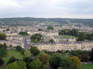 Aerial view over northern Bath from a hot air balloon. The famous Royal Crescent is in the centre.